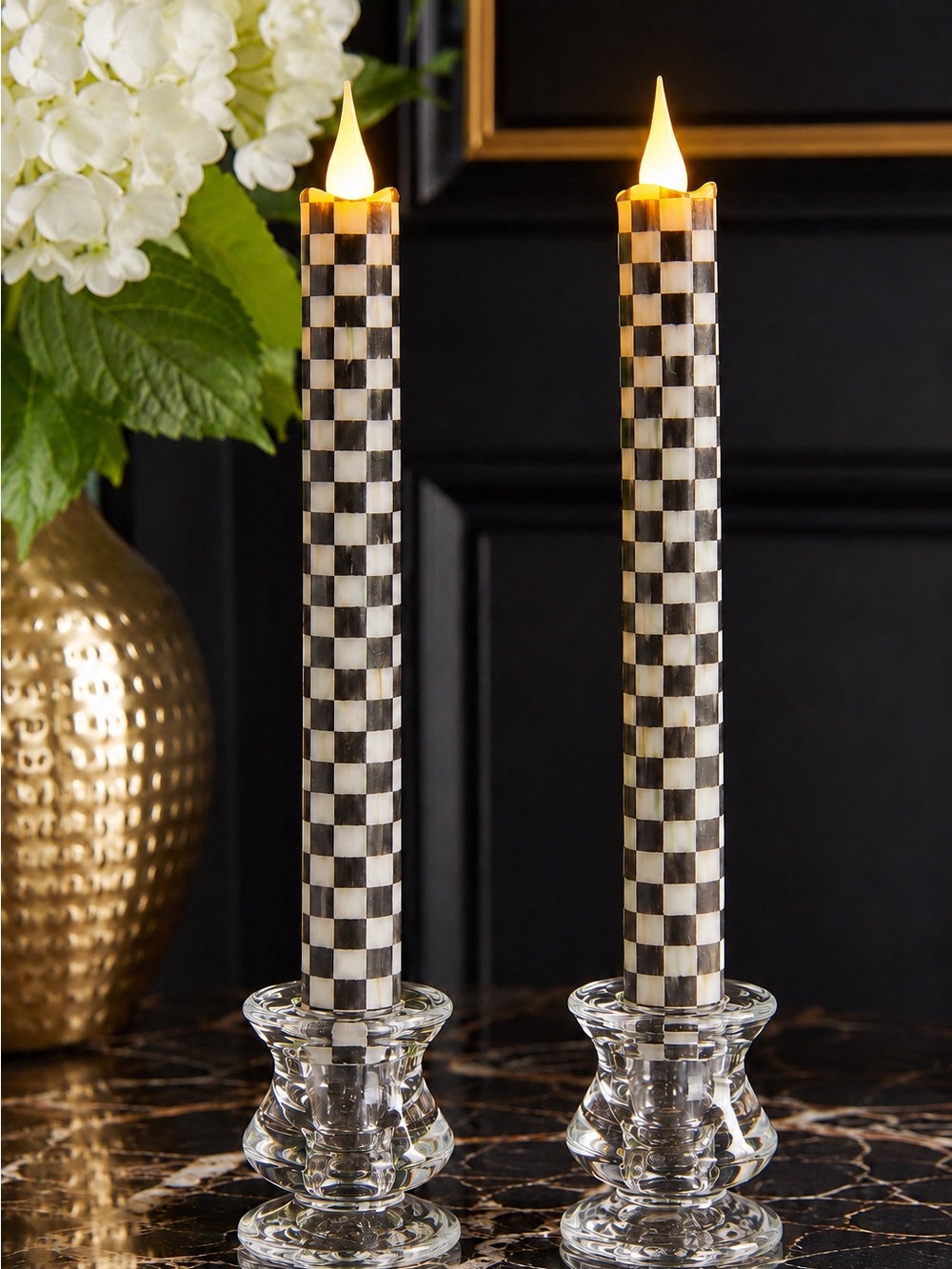 MacKenzie-Childs Black and White Check LED Taper Candles